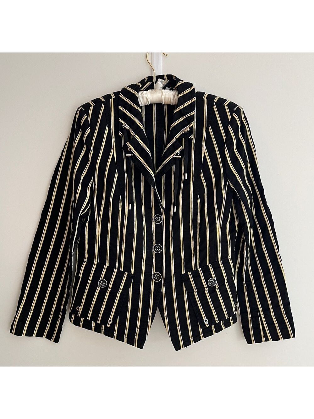 BASLER Striped Blazer Cotton Blend Drawstring Collar Detail Avante Garde Artsy